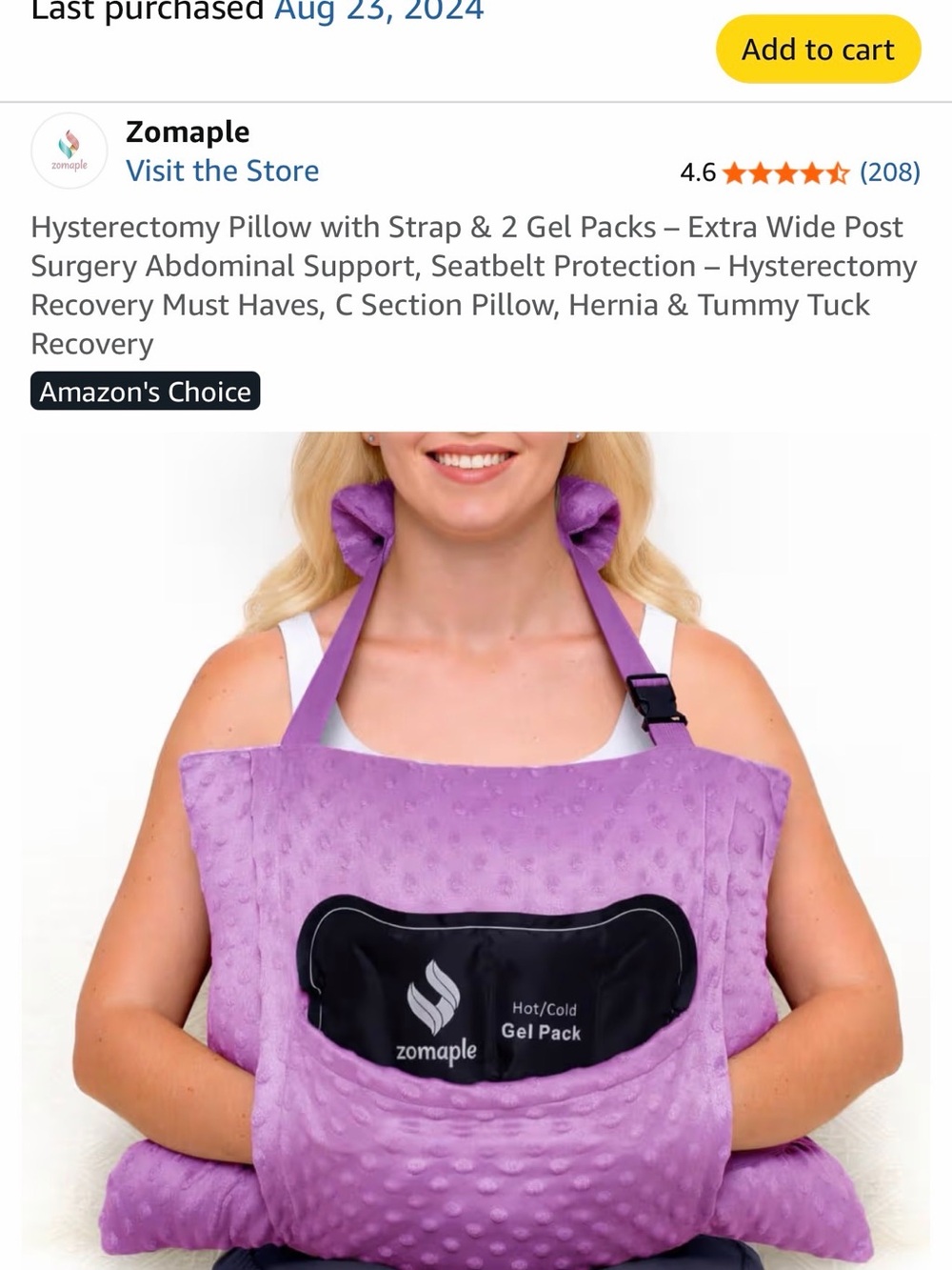 Post-Op Hysterectomy Support Pillow with 2 Gel Pack